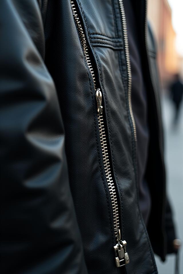 Nahaufnahme einer schwarzen Lederjacke mit detaillierten Reissverschlüssen.