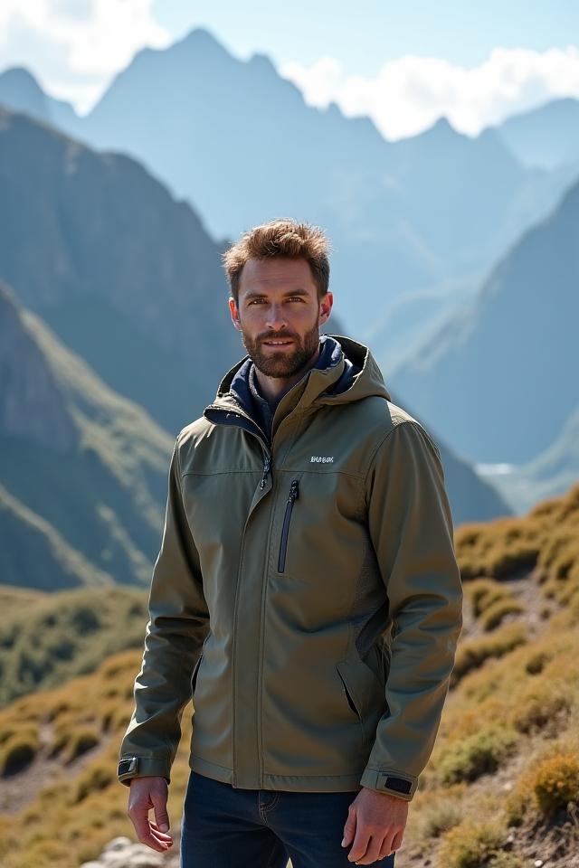 Mann in einer funktionalen Outdoor-Jacke in einer Berglandschaft.