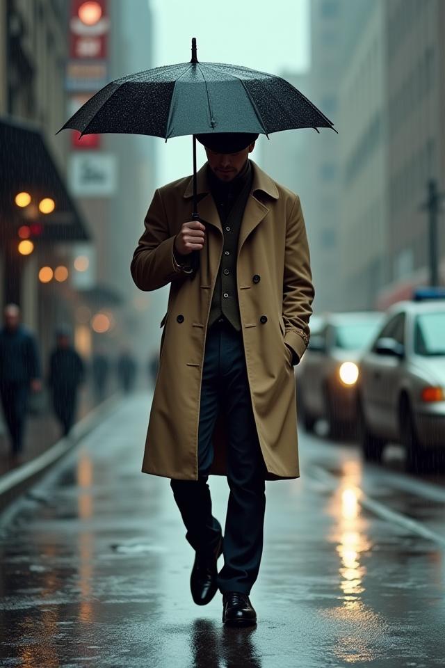 Mann in einem beigen Trenchcoat im Regen.